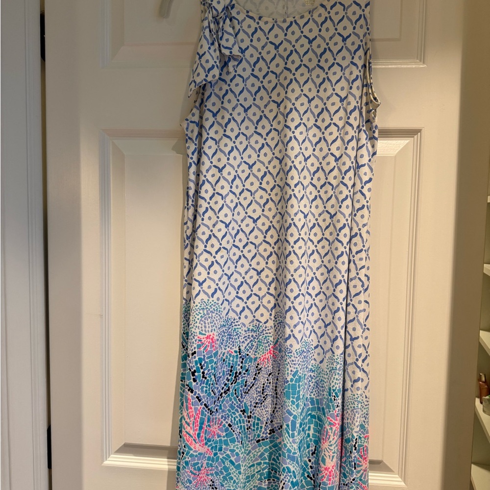 Lilly Pulitzer White and Blue Patterned Dress with Pink & Teal Accents